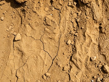 Detailed texture of compacted yellowish clay soil and tepetate aggregate, dry earth cracks.