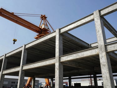Low-angle shot of a large industrial warehouse steel and concrete frame being assembled, heavy cranes in background, harsh direct daylight, high-contrast textures.