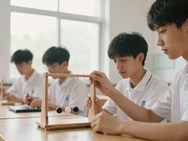 Candid medium shot of students conducting a physics experiment with a pendulum, bright natural window light, warm tones, 35mm lens