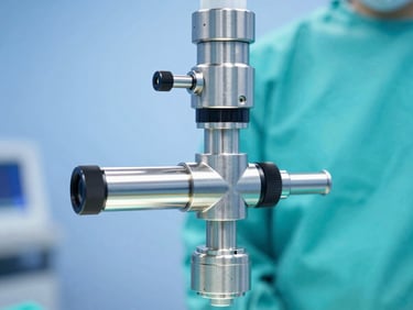 Close-up of a high-precision neurosurgical head stabilizer attachment, stainless steel, crisp clinical photography.