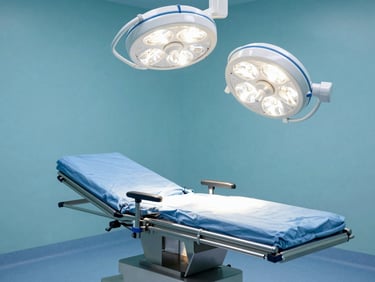 Straight-on product profile of a stainless steel operating table, cool clinical lighting, surgical teal background.