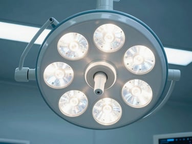 Close-up of a multi-dome surgical light array in a clean operating room setup, bright cool clinical lighting.