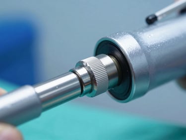 Macro detail shot of a metal neurosurgical head stabilizer attachment, high-contrast clinical photography.
