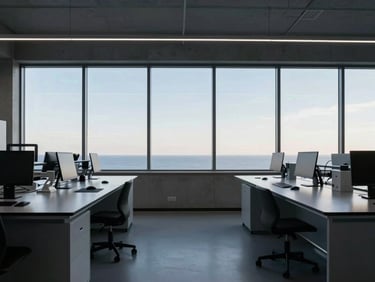 Clean linear interior of a modern technology lab, bright natural morning light streaming through high windows, minimal concrete details.