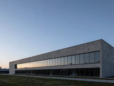 Minimalist architectural shot of a modern concrete and glass research facility in Riverton, sharp linear perspectives under cool morning daylight.