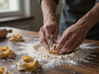 Close-up macro shot of hands dusting flour over fresh handmade pasta on a dark wooden table, soft natural window light, moody shadows.