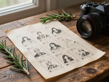 A flat lay of parchment paper with hand-drawn social media storyboards, a camera lens, and fresh rosemary sprigs on a rustic wooden table, soft window light.