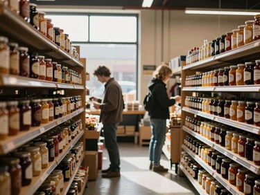 Atmospheric shot of a bustling indoor food co-op market with wooden shelves of artisanal preserves, soft natural daylight streaming through a window.
