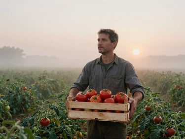 Wide environmental shot of a farmer holding a wooden crate of heirloom tomatoes in a misty field at sunrise, soft diffused morning daylight.