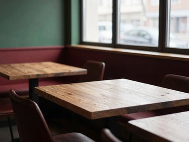 Cozy Scandinavian-style restaurant interior with soft natural light filtering through a window, rustic wooden tables, and minimal decor, 35mm lens, matte texture
