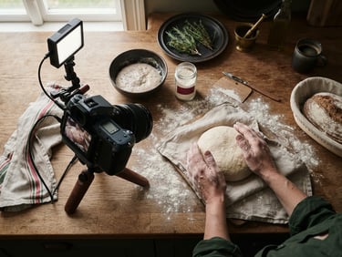 Overhead flat-lay of a rustic wooden kitchen counter, hands prepping fresh sourdough next to a professional camera rig, soft Scandinavian daylight, deep crimson tones
