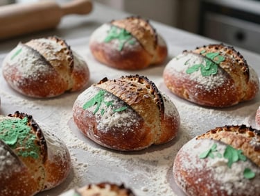 Close-up of a baker dusting flour over freshly proofed sourdough loaves in a warm, daylight-lit kitchen