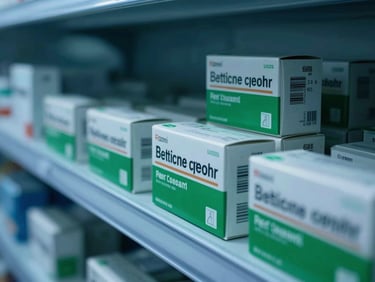 Cinematic pharmaceutical warehouse logistics, cool blue and clinical green ambient lighting, sharp macro details of organized medicine boxes, 35mm lens.