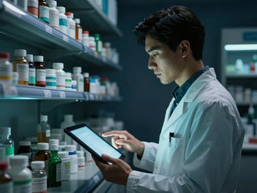 Pharmacist interacting with a tablet in a modern dark-themed dispensary, high-contrast screen glow