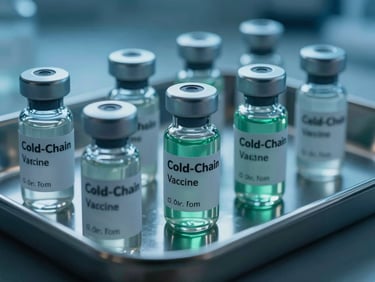 Macro shot of cold-chain verified vaccine vials on a clinical stainless steel tray, cool blue ambient light