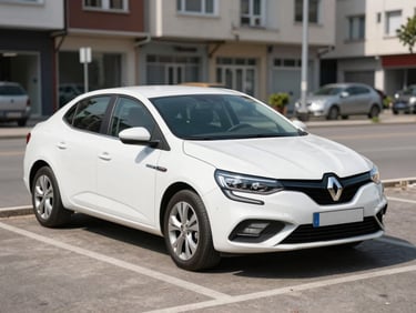 A white Renault Megane sedan parked in a clean parking space in Sancaktepe, bright daylight, realistic commercial photography