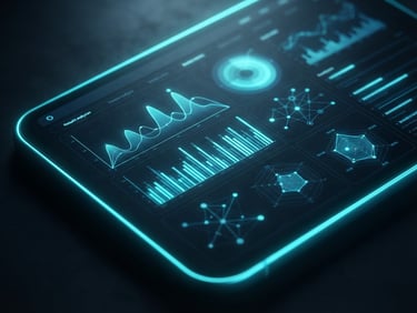 Macro close-up of a sleek retail interface displaying analytics on a dark screen, with sharp neon-cyan rim lighting, moody studio lighting, technical details, deep depth of field.