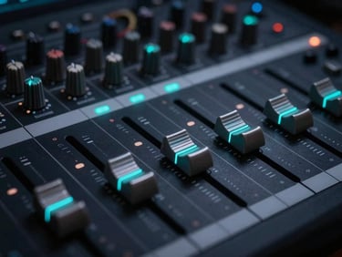 Macro shot of a high-end sound mixing console with glowing cyan faders and intricate wiring, moody dark-mode digital photography, sharp rim lighting, macro lens depth of field