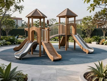 Landscaped children's play zone with premium timber and metal play structures, clean paved perimeter, soft-surface ground treatment, surrounded by mature plantings, natural daylight — architectural documentation frame, no children