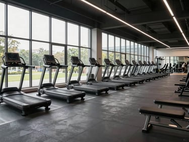 Modern gymnasium interior under clean natural daylight from floor-to-ceiling windows, premium equipment in precise rows, polished rubber flooring, no people — architectural wide shot showing full floor depth