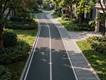 Wide landscaped jogging track curving through a gated residential perimeter, precise paving stones, mature trees casting dappled morning light, empty track receding into distance — architectural aerial-angle frame