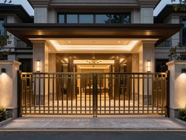 Luxury gated residential entrance at night, security booth with warm interior lighting, heavy motorised gate with gold-tone metalwork, perimeter wall with architectural uplighting, empty of people — precise wide frame showing full gate span