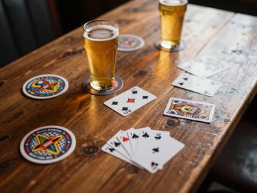 Overhead shot of a rustic wooden tavern table, beer coasters, playing cards scattered, warm golden-hour bar light, shallow depth of field.