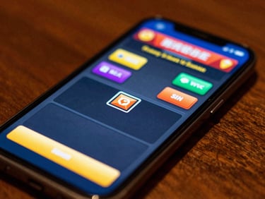 Close-up of a mobile screen displaying a card game matchmaking interface, vibrant neon accents, warm tavern lighting, shallow depth of field