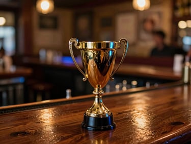 A shiny golden trophy cup sitting on a dark wooden bar counter, warm neon blue rim light, blurred background of a lively tavern.