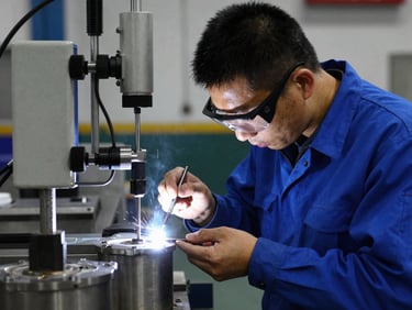 Medium shot of a trainee performing a visual inspection on a finished weld, wearing safety glasses, with industrial testing equipment in the blurred background, sharp focus, 35mm.