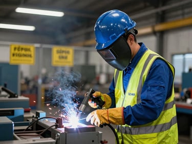 Trainee in high-vis vest and hard hat, practicing safe handling of welding equipment, with safety signs visible in the workshop background, clear industrial lighting, 35mm.