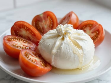 Close-up macro shot of fresh heirloom tomatoes and creamy burrata on a white marble plate, natural daylight