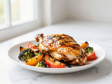 Vibrant freshly plated grilled chicken with roasted vegetables, bright editorial food photography, shallow depth of field