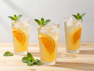 Clear glasses of iced citrus lemonade on a sunlit wooden table, fresh mint garnish, soft window shadows