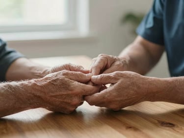 Close-up of a therapist gently guiding an older man's hands as he practices a fine motor skill exercise on a wooden table, soft morning light filtering through a window.