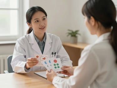 A speech pathologist sitting across from a client at a wooden table, encouragingly holding up communication cards, soft natural daylight, warm atmosphere.