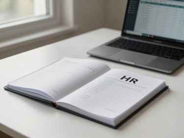 Organised office desk with an open HR policy binder and a laptop displaying a structured spreadsheet, soft north-facing window light, no people, clean minimal surface