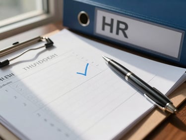 Close-up of a checklist stamped with an approval mark resting on an open HR file folder, pen beside it, stable natural window light from the left, no people