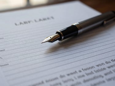 Tight macro shot of structured legal documents, a classic fountain pen resting on textured paper, soft natural side-light from a window, muted professional tones.