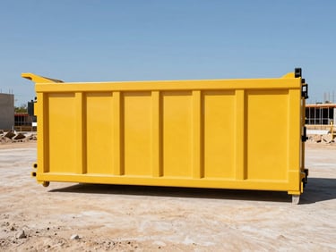 Side-profile product shot of a clean 30-yard yellow roll-off dumpster on an active construction site, harsh Texas sun.