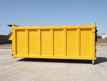 Side-profile product shot of a clean 10-yard yellow roll-off dumpster on a concrete driveway, harsh Texas sun.