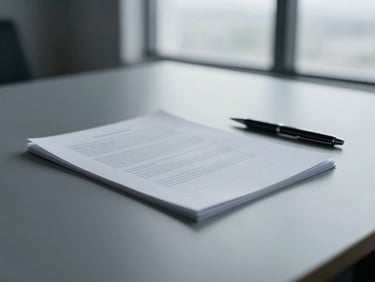 Close-up of high-quality paper documents on a sleek, minimalist desk, a pen resting beside them, soft diffused office window light, subtle geometric shadows, desaturated navy and slate tones, 35mm