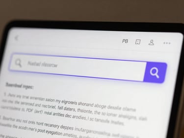 A close-up high-fidelity UI mockup of a clean search query interface in a light-mode dashboard, showing a highlighted text match from a PDF document, with subtle purple accents.