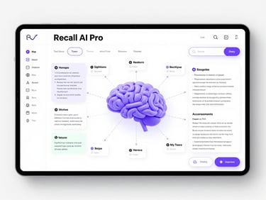 High-fidelity UI dashboard mockup of Recall AI Pro on a clean white background, showing a neural mind map of connected notes, highlighted PDF text, and a smart search bar with purple accents.
