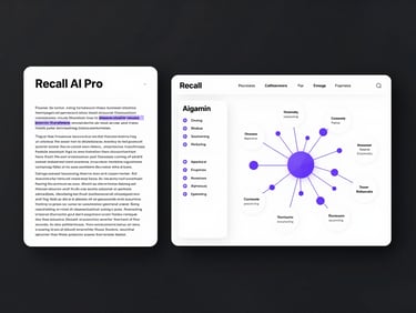 A minimalist UI dashboard mockup of Recall AI Pro. On the left, a PDF document with highlighted text; on the right, an AI-generated summary box and a clean neural network mind map in purple accents.