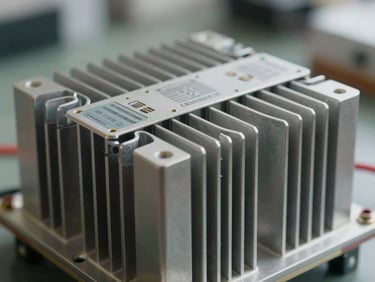 A close-up macro shot of a Remote Radio Unit heatsink with metallic cooling fins and technical serial plates under bright warehouse daylight.