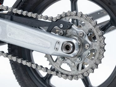 Close-up of a high-quality motorcycle drive chain and sprocket, clean metallic details, bright industrial lighting