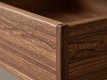 Detail shot of a grain-matched walnut drawer corner showing precise dovetail joinery, soft side-lighting highlighting the wood texture.
