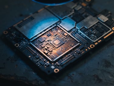 Macro top-down shot of a mobile motherboard under a glowing blue diagnostic microscope, copper traces reflecting warm orange light, shallow depth of field, 35mm