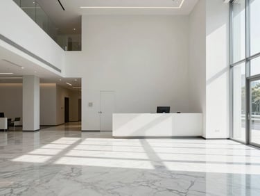Bright minimalist corporate lobby with marble floors, clean architectural lines, sharp daylight, 35mm